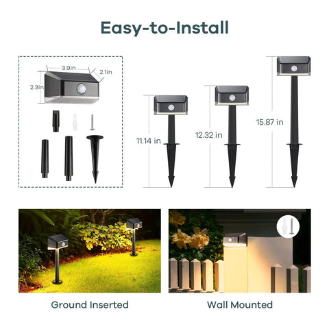 Easy install of Solar Pathway Lights With Motion Sensor Waterproof Outdoor LED 2 In 1 Lights, shown ground and wall mounted
