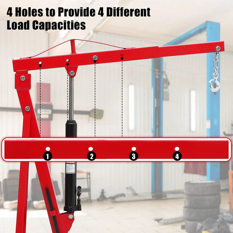 Heavy Duty Hydraulic Engine Hoist With Telescopic Boom And 6 Roll Smooth Casters, 4400 Lb Folding Cherry Picker showing load capacity holes.