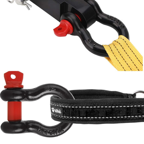 Six Piece Five Eighths Inch D Ring Shackles Heavy Duty Screw Pin Clevis For Towing And Off Road Recovery, black and red shackle with strap