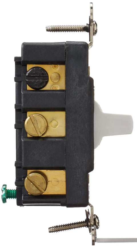 Side view of Beefed Up Heavy Duty 20 Amp 120 277 Volt Double Pole Toggle Switch With Center Off Maintained On Off Function