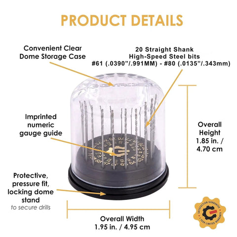 Top Notch Micro Drill Bit Set Number Sixty One Through Eighty With Classic Pin Vise And Compact Dome Case High Speed Steel Bits ideal for jewelry making in clear dome storage case.