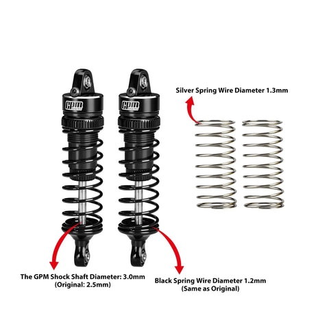 Arrma 62mm Aluminum Front Shock Absorbers 2 Pack For 1X16 Mini Kraton 3S, with dual springs and 3.0mm shaft, shown with parts.