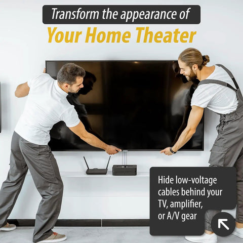 Two people installing TV with Recessed Low Voltage Cable Plate With Built In Duplex Receptacle Outlet for cable management