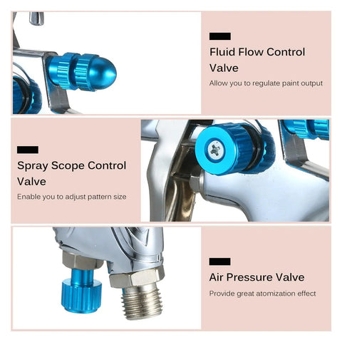 Image of Built Different Heavy Duty Hvlp Paint Sprayer Gun with blue fluid flow, spray scope, and air pressure control valves.