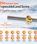 2 Pack T10x2 Lead Screw 400mm Stainless Steel With Precision Brass Nut 2mm Pitch Linear Motion Shaft close-up, conveying high stability and smooth motion.