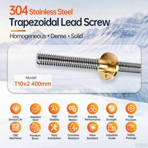2 Pack T10x2 Lead Screw 400mm Stainless Steel With Precision Brass Nut 2mm Pitch Linear Motion Shaft close-up, conveying high stability and smooth motion.