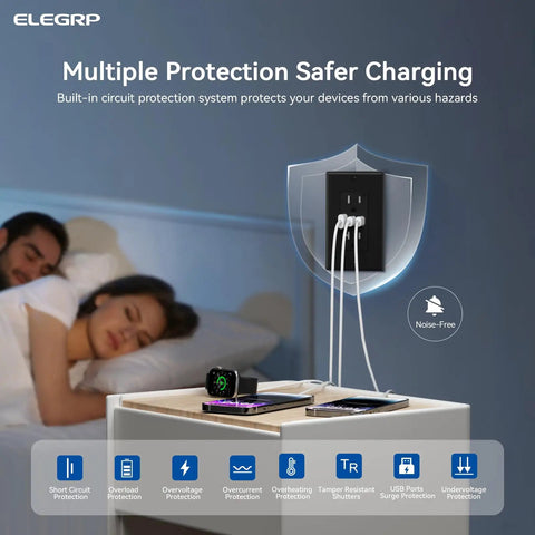 Kickass 15 Amp USB Wall Outlet With Three USB Ports And USB C Port, Tamper Resistant Receptacle, in use by bedside with charging devices