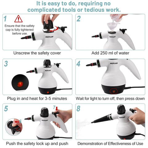 Step-by-step guide for using Akpiian Handheld Steam Cleaner For Home Deep Cleaning With 10 Bonus Accessories.