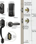 Rock Solid Slick Fingerprint Smart Front Door Lock Set Featuring Keyless Entry Handle Setup dimensions and specifications on door.