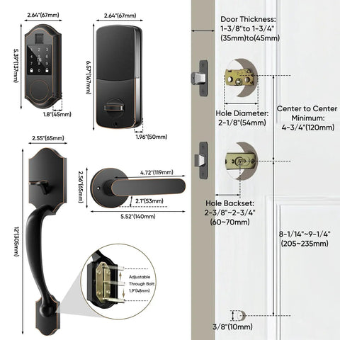 Rock Solid Slick Fingerprint Smart Front Door Lock Set Featuring Keyless Entry Handle Setup dimensions and specifications on door.