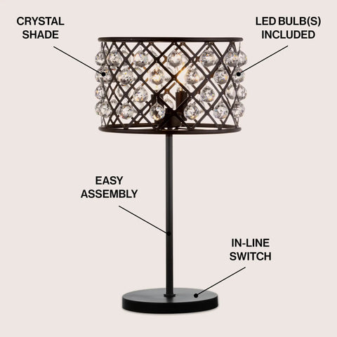 Oil Rubbed Bronze 22.5 Inch Two Light Table Lamp With Crystal Spheres and LED Bulbs, Iron Frame and Crystal Shade, Easy Assembly