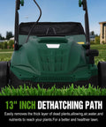 Front view of Two In One Electric Dethatcher And Scarifier For Lawns 13 Inch Walk Behind Dethatcher in a yard