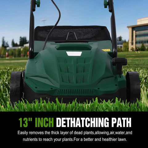 Front view of Two In One Electric Dethatcher And Scarifier For Lawns 13 Inch Walk Behind Dethatcher in a yard