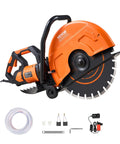 Heavy Duty Electric Concrete Saw With 16 Inch Circular Blade And A 3200 Watt Motor delivering smooth wet cuts, featuring accessories.