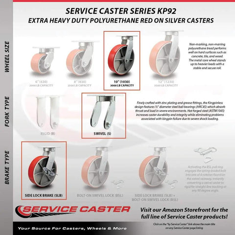 Service Caster Series KP92 with 10 Inch Swivel Top Plate Caster Built Tough With Red Poly On Cast Iron Wheel And Side Lock Brake