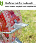 Manual Hand Push Seeder With Wheel featuring stainless steel duckbill nozzle for row planting and efficient crop seeding.