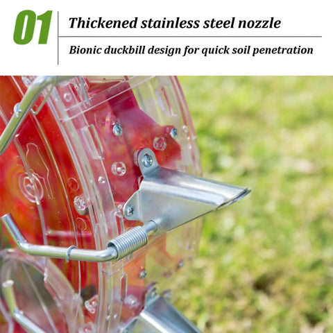 Close-up of stainless steel duckbill seed box on manual hand push garden seeder with wheel for easy no bend planting.