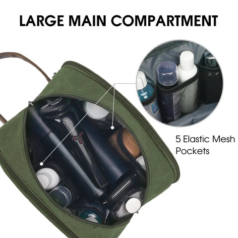 Your Go To Travel Toiletry Bag With Wet Dry Separation, Large Main Compartment and Elastic Mesh Pockets, Green