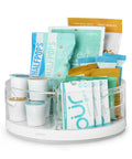 360 Degree Rotating Lazy Susan Organizer with 3 BPA Free Removable Clear Bins filled with snacks on a kitchen countertop.