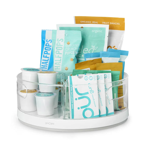 360 Degree Rotating Lazy Susan Organizer with 3 BPA Free Removable Clear Bins filled with snacks on a kitchen countertop.