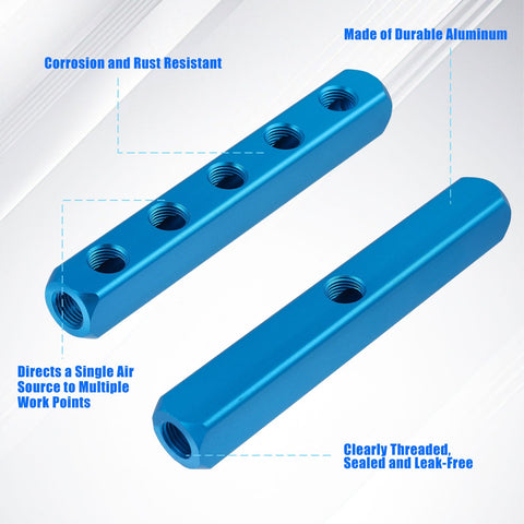 4 Pack Aluminum Pneumatic Manifold Block With 2 Inlets And 5 Outlets, corrosion-resistant, durable blue aluminum block