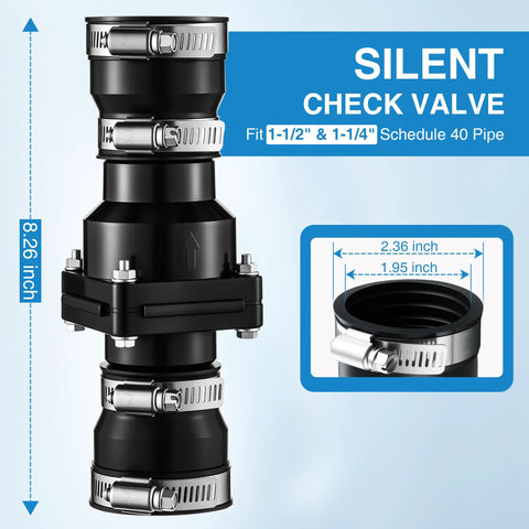 Front view of a PVC sump pump check valve with stainless steel hose clamps for 1-1/2 in or 1-1/4 in pipe.