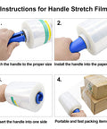 Instructions for using Mini Clear Stretch Wrap Film 5 Inch By 1000 Feet 4 Pack with handles, showing steps to secure packaging.