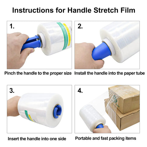 Instructions for using Mini Clear Stretch Wrap Film 5 Inch By 1000 Feet 4 Pack with handles, showing steps to secure packaging.