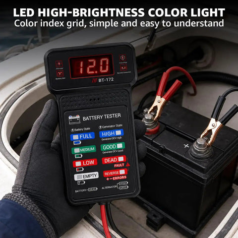 Heavy Duty 12V Automotive Battery Tester Featuring Slick Digital Readouts And Straight Shooter Diagnostics for monitoring battery status.