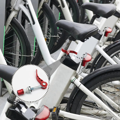 High Strength Aluminum Bike Seat Post Quick Release Pin M6x65mm on white bikes with red clamp, lightweight alloy construction.