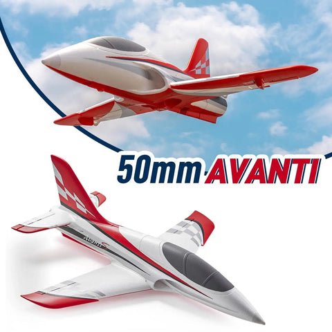50mm EDF Jet RC Plane For Adults with red wings and white body against blue sky backdrop, vector flight stabilization system, PNP ready.