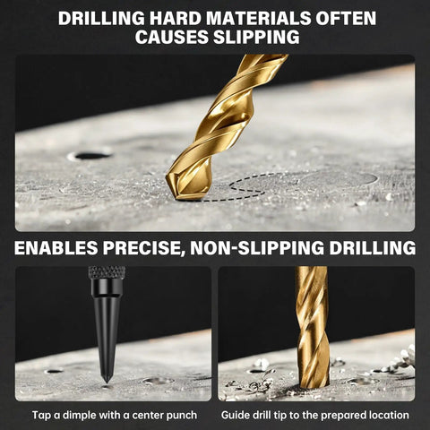 Drilling demonstration showing Top Shelf Four Piece Nail And Center Punch Set With Crisp Size Etchings For 1 32 1 16 3 32 And 1 8 Inches Hardened Cr V Steel.