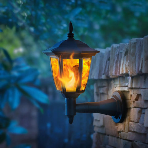 Four Pack Solar Flame Wall Lanterns Outdoor Lights Solar Powered No Wiring Needed Sconce LED Flickering Flame auto on off
