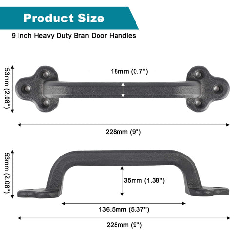 Diagram showing dimensions of Heavy Duty 9 Inch Rustic Sliding Barn Door Handle, Built Tough Solid Cast Iron Barn Pull For DIY Doors.