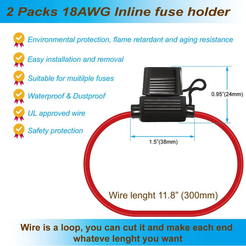 Waterproof Inline Fuse Holder Kit For Cars And Boats With 18AWG Wiring And 3A Mini Fuses IP65 Rated Circuit Protection, 11.8" wire