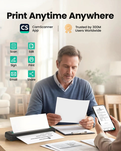 Super Slick Portable Wireless Thermal Printer Zero Hassle 300 Dpi Resolution Prints On Phones And Laptops Big Time Travel Essential For Quick Documents Anywhere In Matte Black Layout on a desk.