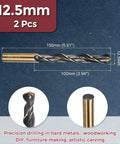 Side view of two Kozelo 12.5 mm HSS twist drill bits with black-gold finish, 150 mm overall length.