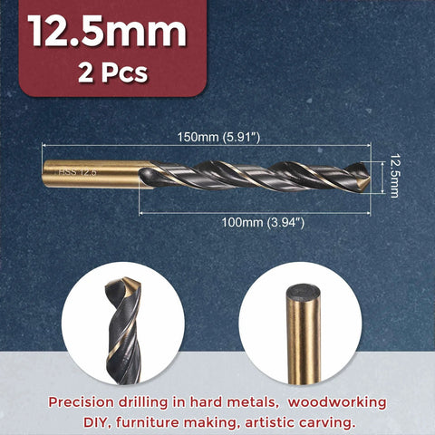 Side view of two Kozelo 12.5 mm HSS twist drill bits with black-gold finish, 150 mm overall length.