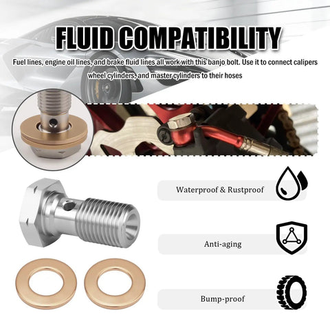 M10x1.0 Banjo Bolt Kit With Copper Washers For Brake Line Fittings, stainless steel, shown with waterproof and rustproof features.