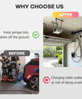 Before and after images demonstrating Universal EV Charger Cable Organizer With Retractable Overhead Mount For A Slick Garage Setup.