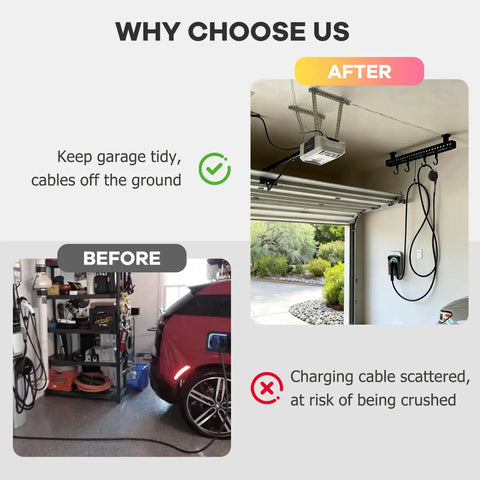 Before and after images demonstrating Universal EV Charger Cable Organizer With Retractable Overhead Mount For A Slick Garage Setup.