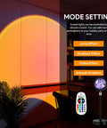 Sunset Lamp with Remote, 16 RGB Colors, 360 Degree Rotation, casting warm light on a wall in a decor setting with a remote control.