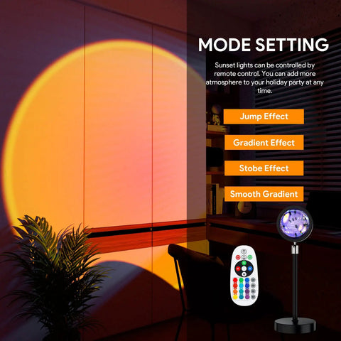Sunset Lamp with Remote, 16 RGB Colors, 360 Degree Rotation, casting warm light on a wall in a decor setting with a remote control.