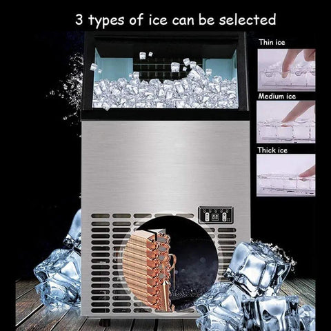Top Shelf Countertop Nugget Ice Maker Chilling 120 Pounds Daily With Solid 33 Pound Storage showing three ice types selection.