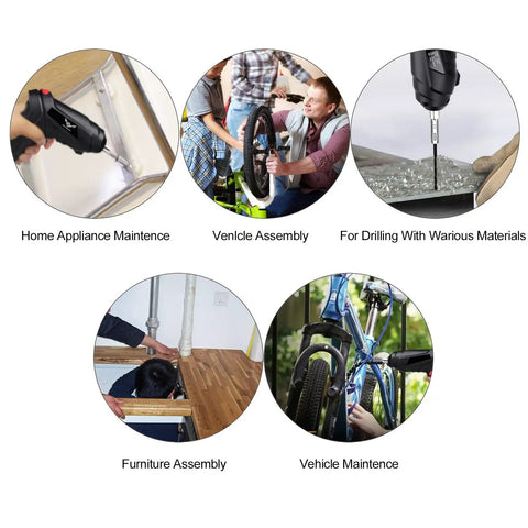 Various uses of 8 In 1 Electric Screwdriver And Cordless Drill With Adjustable Grip and Forward Reverse Toggle for home and vehicle tasks.