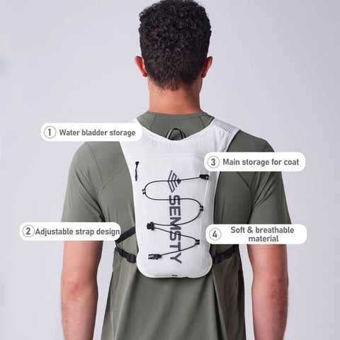Back view of Go-To 5L Hydration Vest for Running and Cycling with Dual 500ml Soft Flasks, showing storage and strap design.