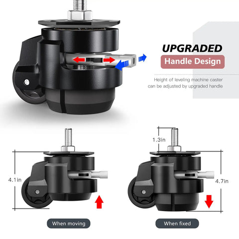Easy Peasy Height Adjustment Solid As A Rock Heavy Duty Swivel Casters Set Of Four Adjustable Workbench Stem Wheels With Ratchet Handle Top Shelf Industrial Grade Equipment Leveler showing ratchet handle and adjustable height.