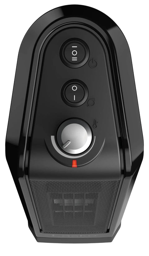 Close-up view of controls on the Oscillating Ceramic Tower Space Heater With Adjustable Thermostat And Two Quiet Heat Settings