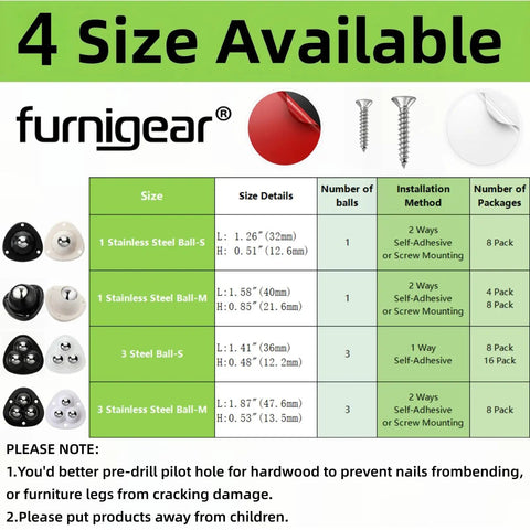4 Size Available chart for Stainless Steel Ball Casters, showing sizes, details, packages, and installation methods.