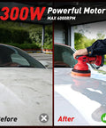 Cordless Car Buffer Polisher Kit with 2x2000mAh 21V Batteries used for car detailing before and after comparison
